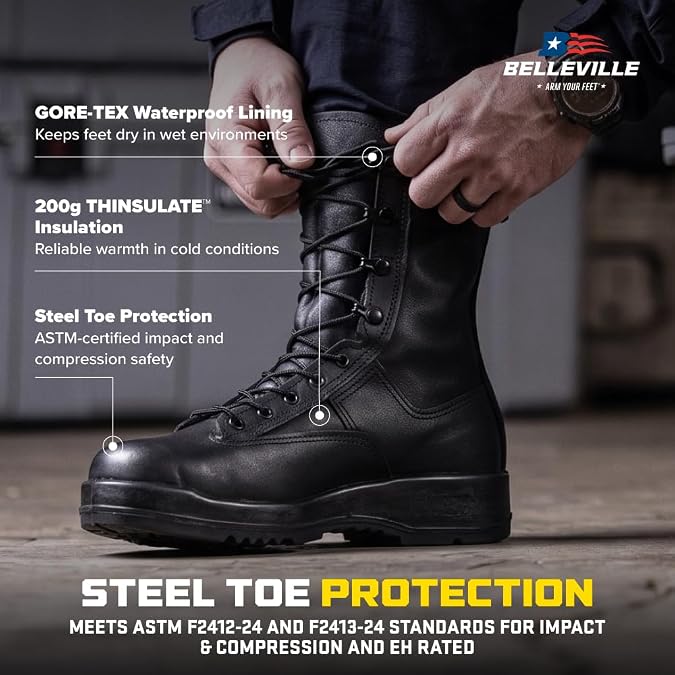 Belleville Waterproof Steel Toe Boots - 200g Thinsulate & Steel Toe Protection - Non Slip Tactical Boots - ASTM F2413-24 Safety Rated - Cushioned EVA Midsole - Lace-Up Closure - Vanguard Construction
