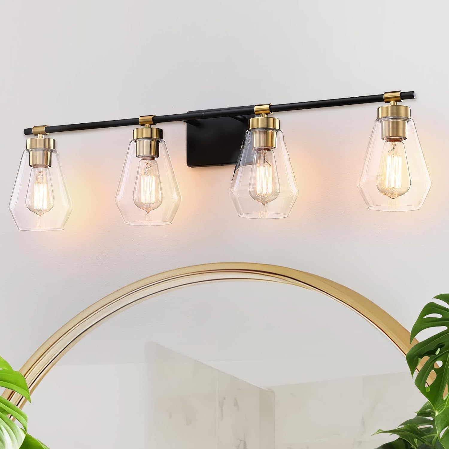 34.33" Vanity Light for Bathroom,4-Light Black and Gold Bathroom Vanity Light Over Mirror with Clear Glass Shade,Modern Brushed Wall Sconce for Dressing Room,Hallway,Kitchen.(Rhombus)