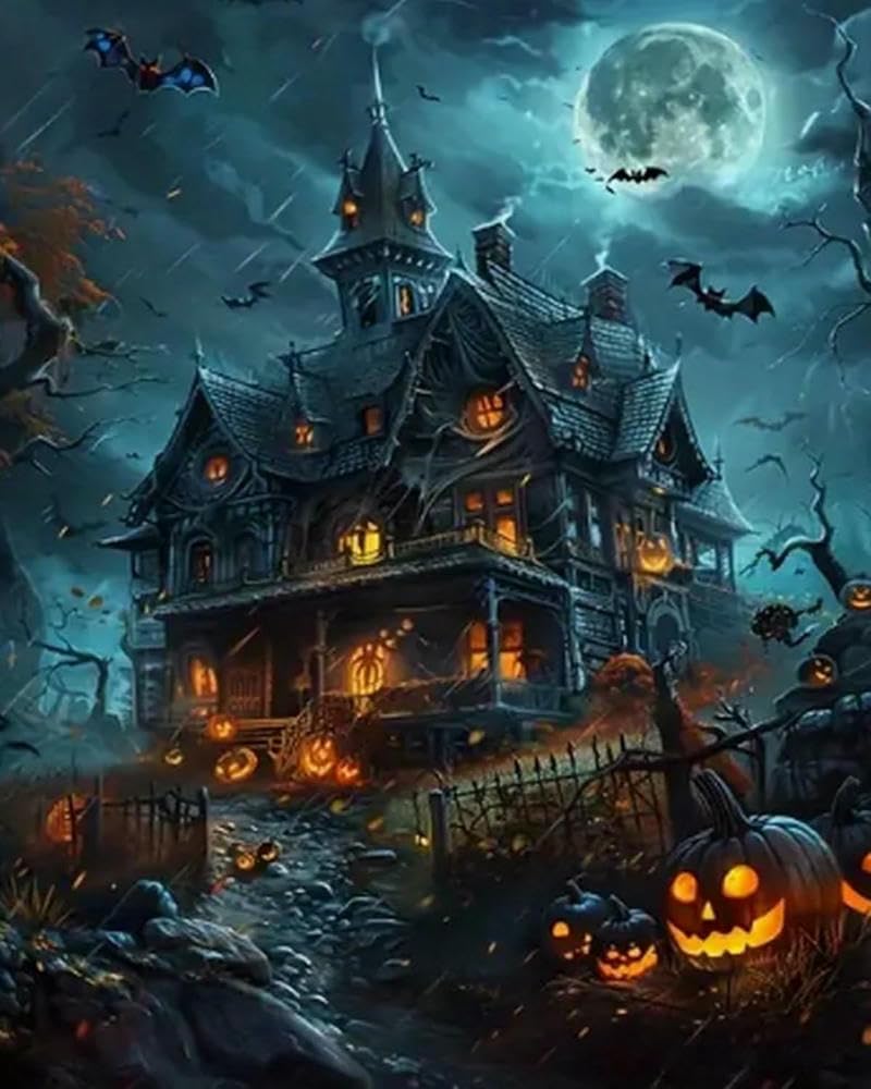 Chaozhirui Halloween Pumpkin Haunted House Cross Stitch Kit, DIY Handmade Embroidery Kit with Accurate Print, 11CT Needlework Set - 40x50cm