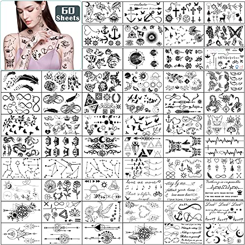 60 Sheets Small Temporary Tattoos, Fake Tattoos for Adults and