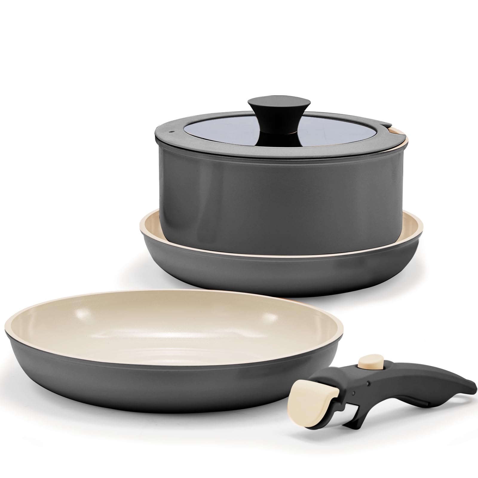 Non Stick Pots and Pans Set with Removable Handle, Ceramic Cookware Set Detachable Handle, 5pcs Induction Kitchen Camping Stackable Pots Pans, Dishwasher/Oven Safe, Black, PTFE/PFOA/PFAS-Free