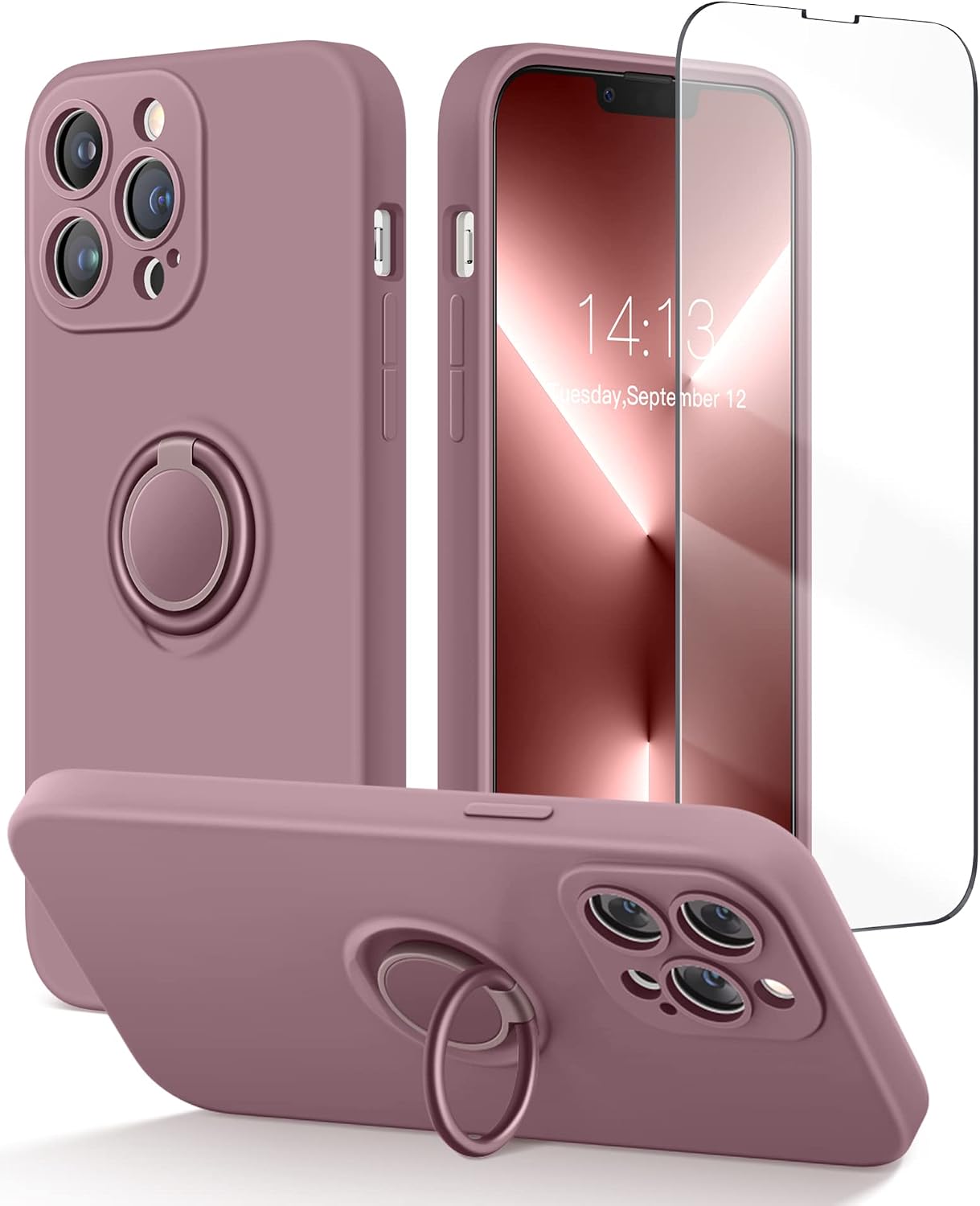 MOBOSI iPhone 13 Pro Silicone Case with Ring, Full Camera Protection + Screen Protector with Built-in Ring Kickstand, Soft Microfiber Lining Shockproof Protective Slim Cover for Women Girl, Khaki
