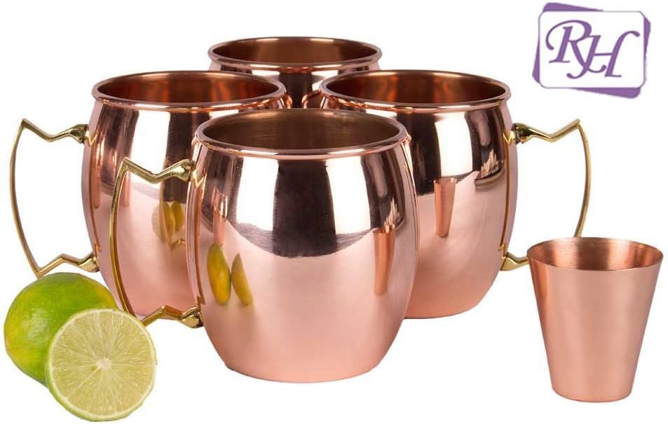 Rastogi Handicrafts Moscow Mule Solid Pure Copper Unlined Mug/Cup, Set of 4 (16-Ounce/Set of 4, Smooth) with BONUS Shot Glass