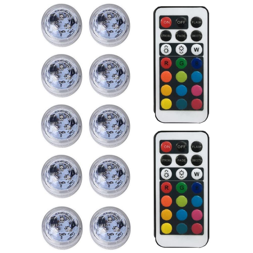10Pcs Submersible LED Lights with Remote Control Tea Lights, Multicolor RGB 10-LED Lights Waterproof Underwater Light LED Base for Vase Base, Aquarium, Pond