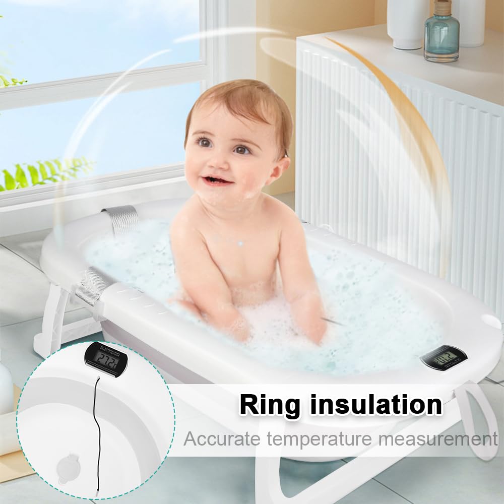 Baignoire Bebe Pliable avec Thermometre Digital, Coussin, Prise Pommeau de Douche, Gris 80x50x23cm 0-24 Mois