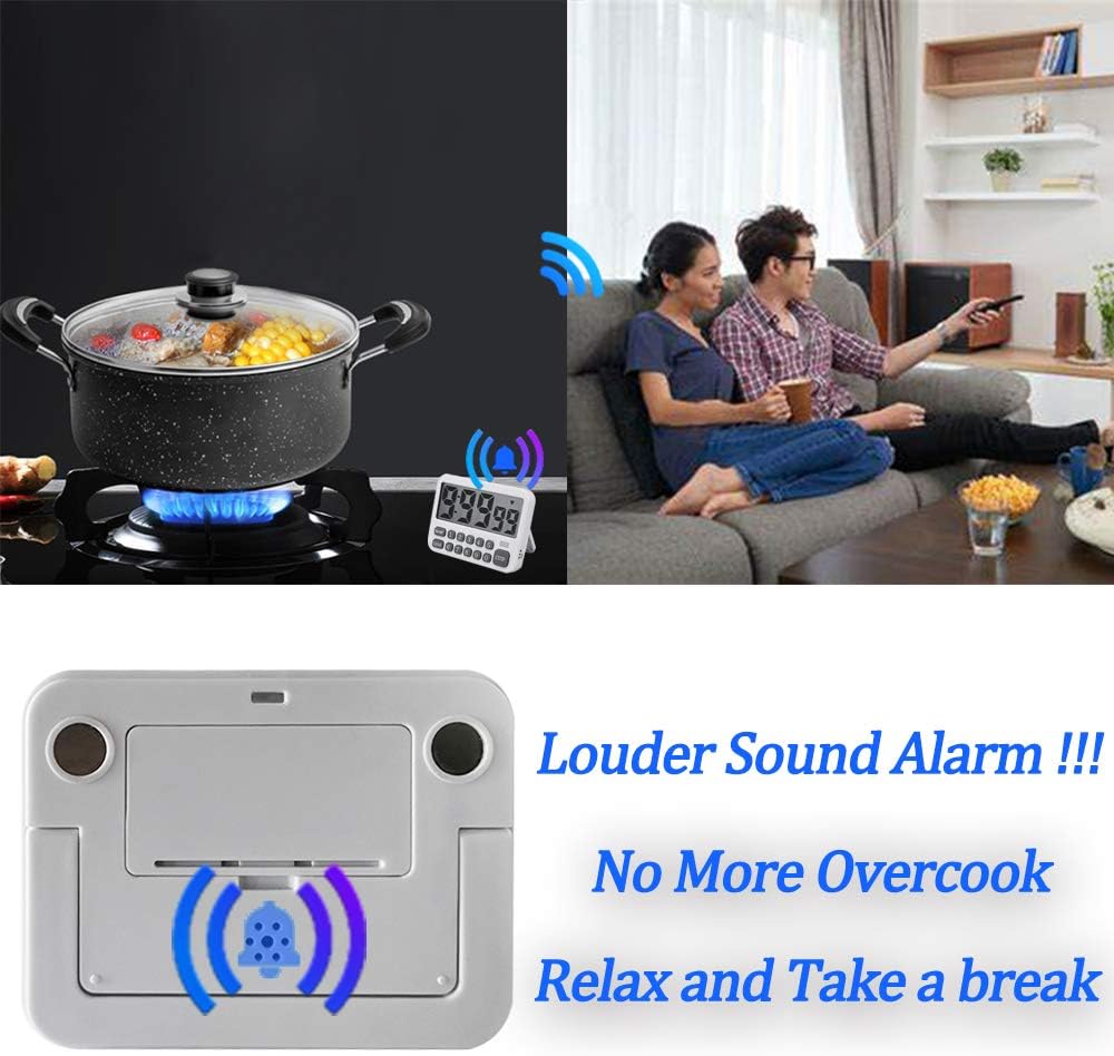 FCXJTU Digital Kitchen Timer showing loud alarm feature with sound waves