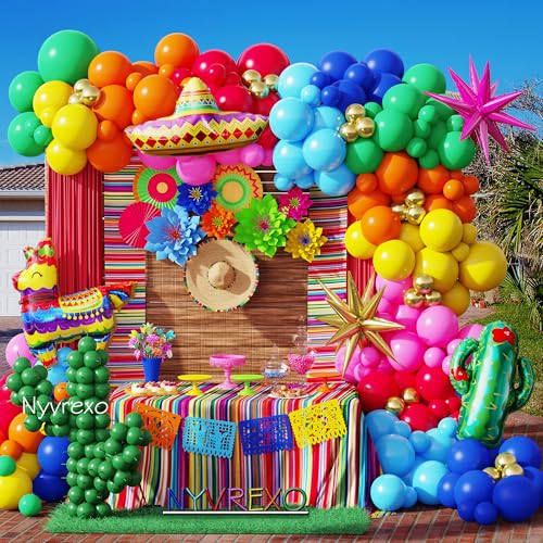 Image of Mexican Fiesta Party Decorations, 144Pcs Cinco De Mayo Rainbow Balloons Arch Garland Kit Cactus Llama Sombrero Explosion Star Foil Balloons for Taco Twosday Carnival Hawaii Tropical Birthday Party