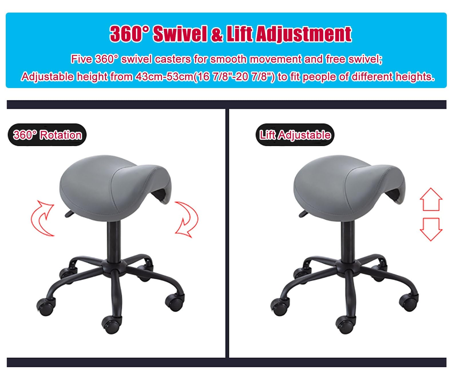 Taburete de Silla de Montar Silla Ergonomica Silla Medica Taburete, Silla Taburete Rodante Hidráulica 43 Cm- 53 Cm, Silla de Montar Giratoria 360° Asiento para Casa, Trabajo, Oficina ( Color : Black )