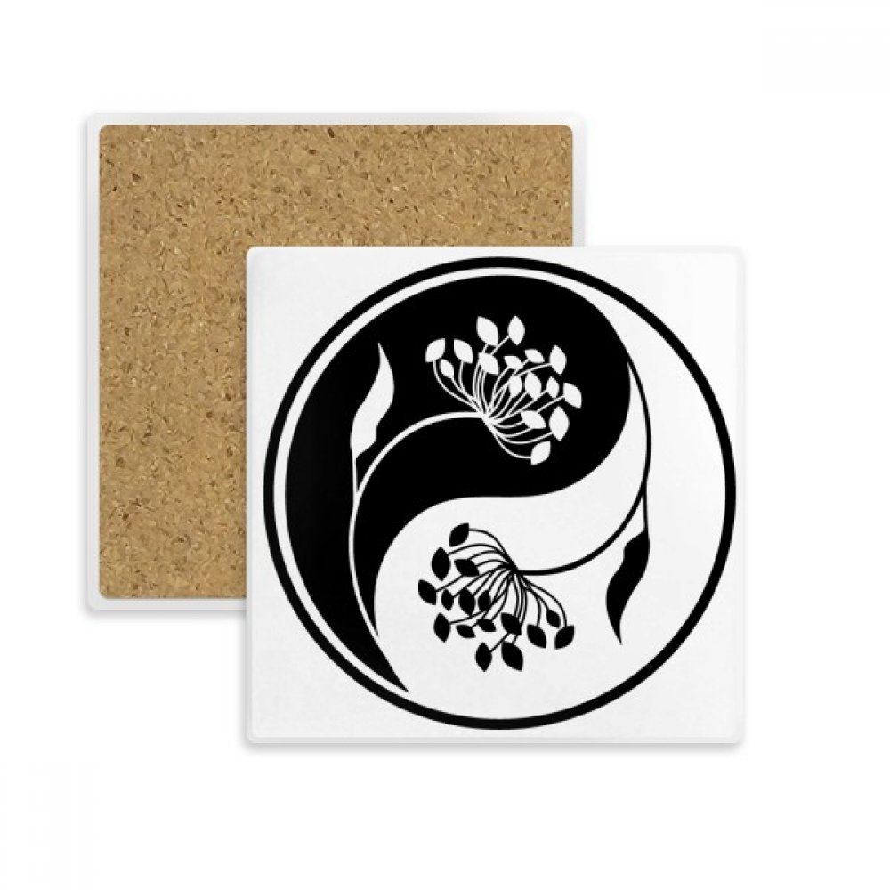 Coaster carré Yin-Yang Noir Fleur Blanche en pierre premium