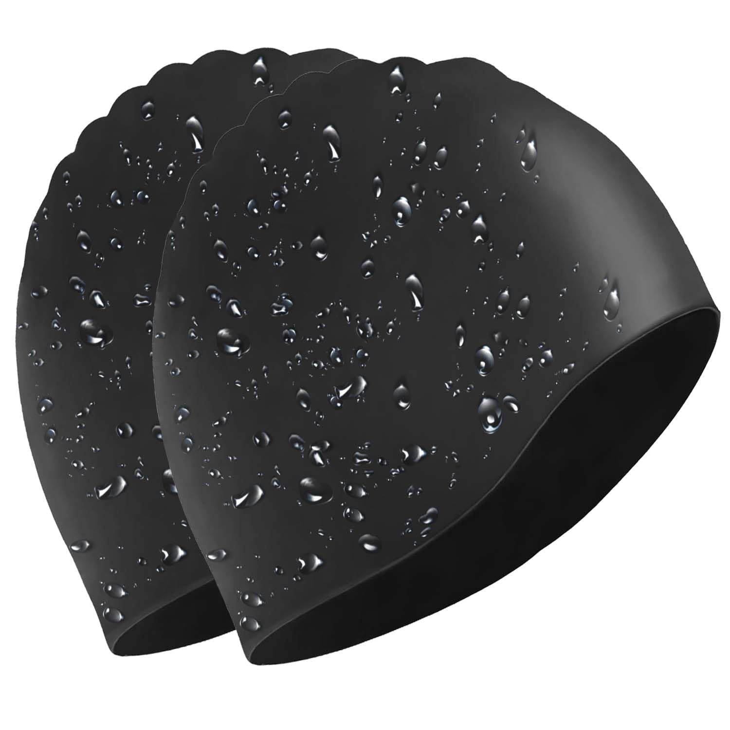 2-Pack Black Swim Caps for Long Hair, Silicone Swimming Hats for Women Teens, Waterproof Bathing Caps Pool Beach Training