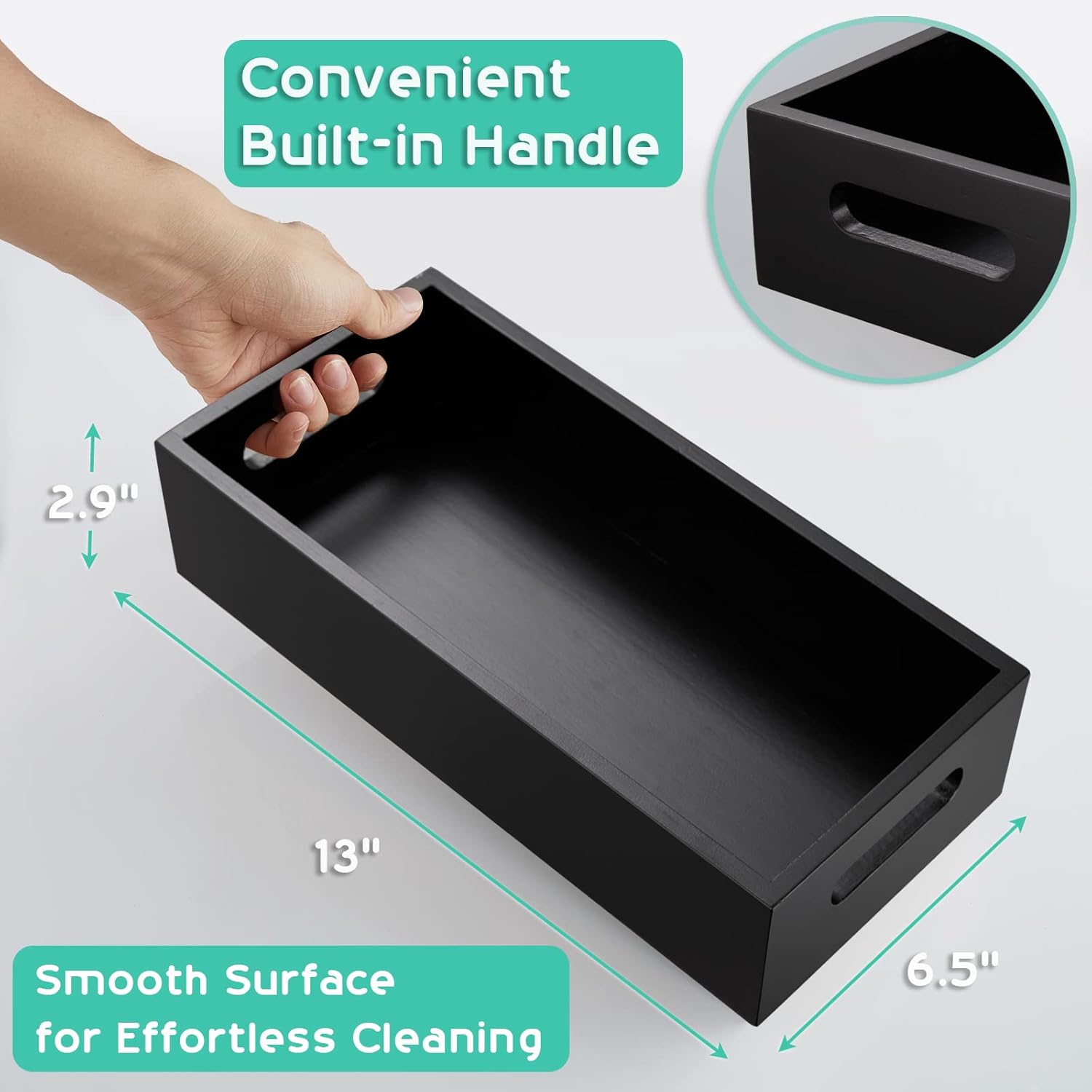 ALELION Black Bathroom Basket - Wooden Toilet Tank Paper Basket with Handle for Organizing - Back of Toilet Storage Organizer for Bathroom Tank Topper Counter - Black Bathroom Decor Box - Image 4