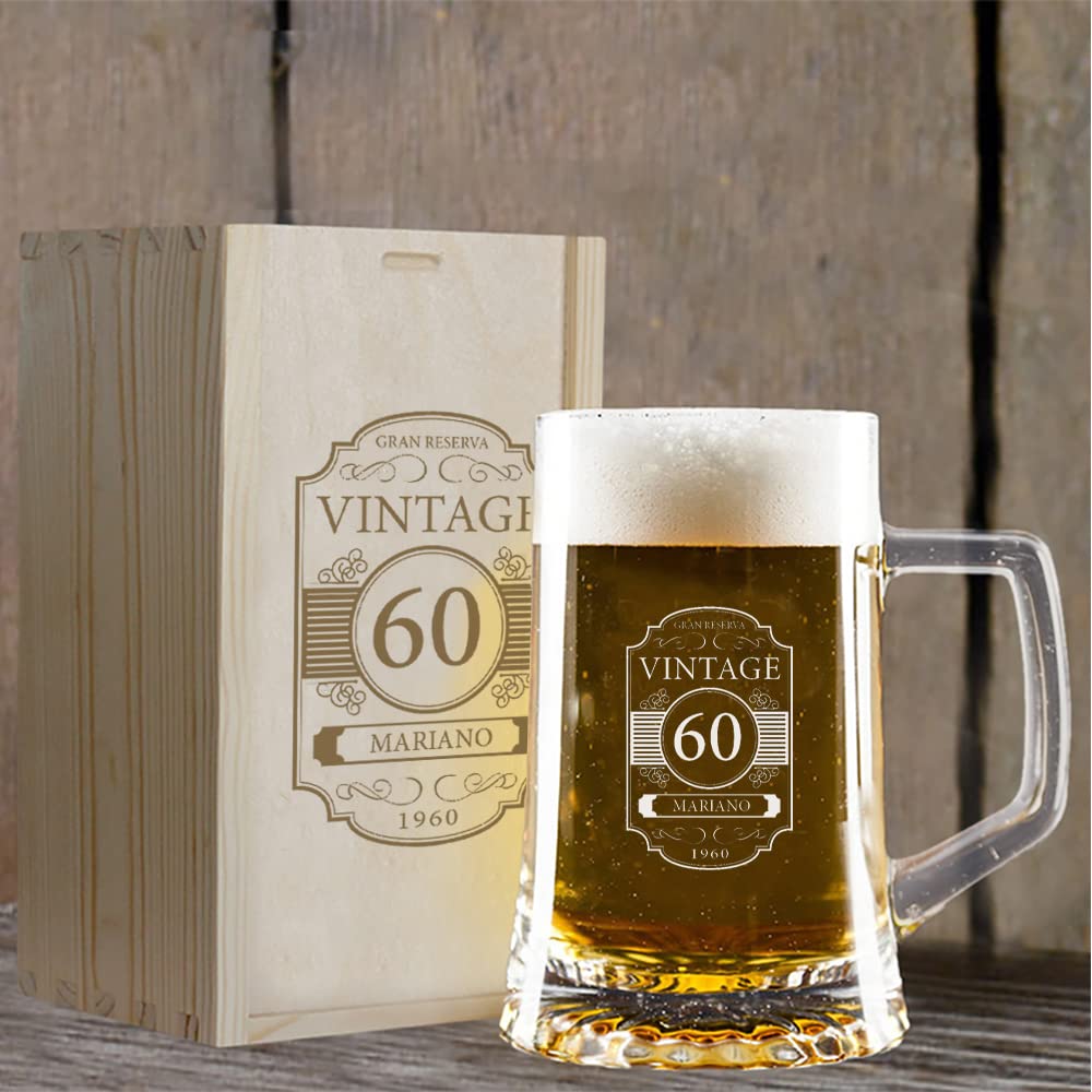 CALLE DEL REGALO Jarra de cerveza vintage en Estuche de Madera grabado