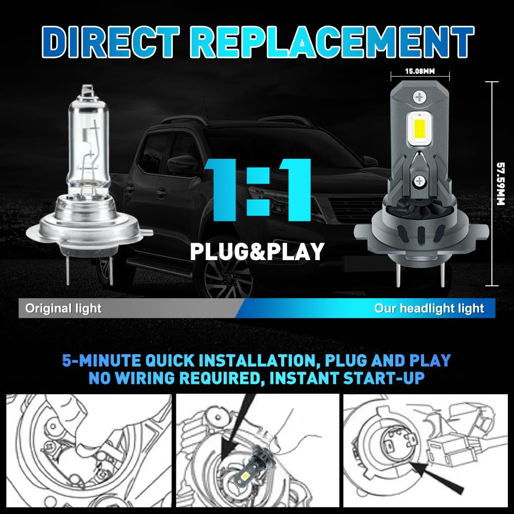 Ampoule H7 LED 180W 20000LM 6000K Xenon Blanc 1:1 Mini Taille Ampoule de Phare Extérieur de Voiture Canbus Sans Erreur avec Ventilateur Super Lumineux IP68 Etanche à l'eau Plug and Play 12V 2Pcs