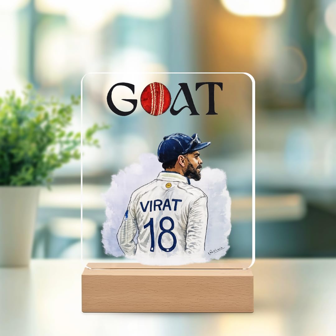 Gift Me Bazar Acrylic Plaque with Wooden Base | Virat Kohli GOAT Cricket Legend Desk Decor | Unique Gift for Cricket Fans, Sports Lover & Virat Fans | Home & Office Table Decor-image-3