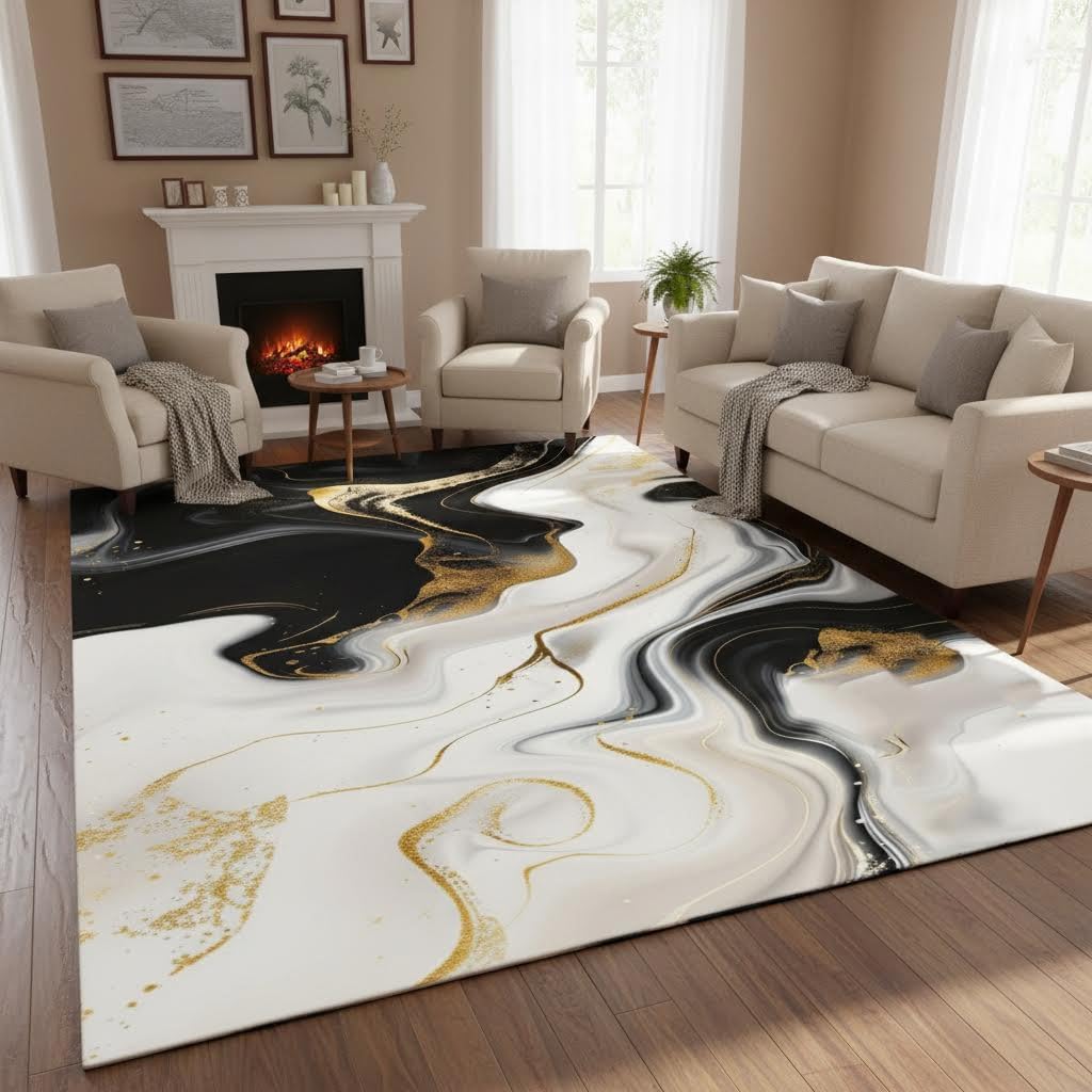 Liquid Marble Swirl Modern Abstract Black White Yellow Area Rug for Living Room Bedroom Guestroom Non Slip Washable Soft Lux Carpet Under Dining Room Coffee Table Art Deco Home Office Rug 5x7