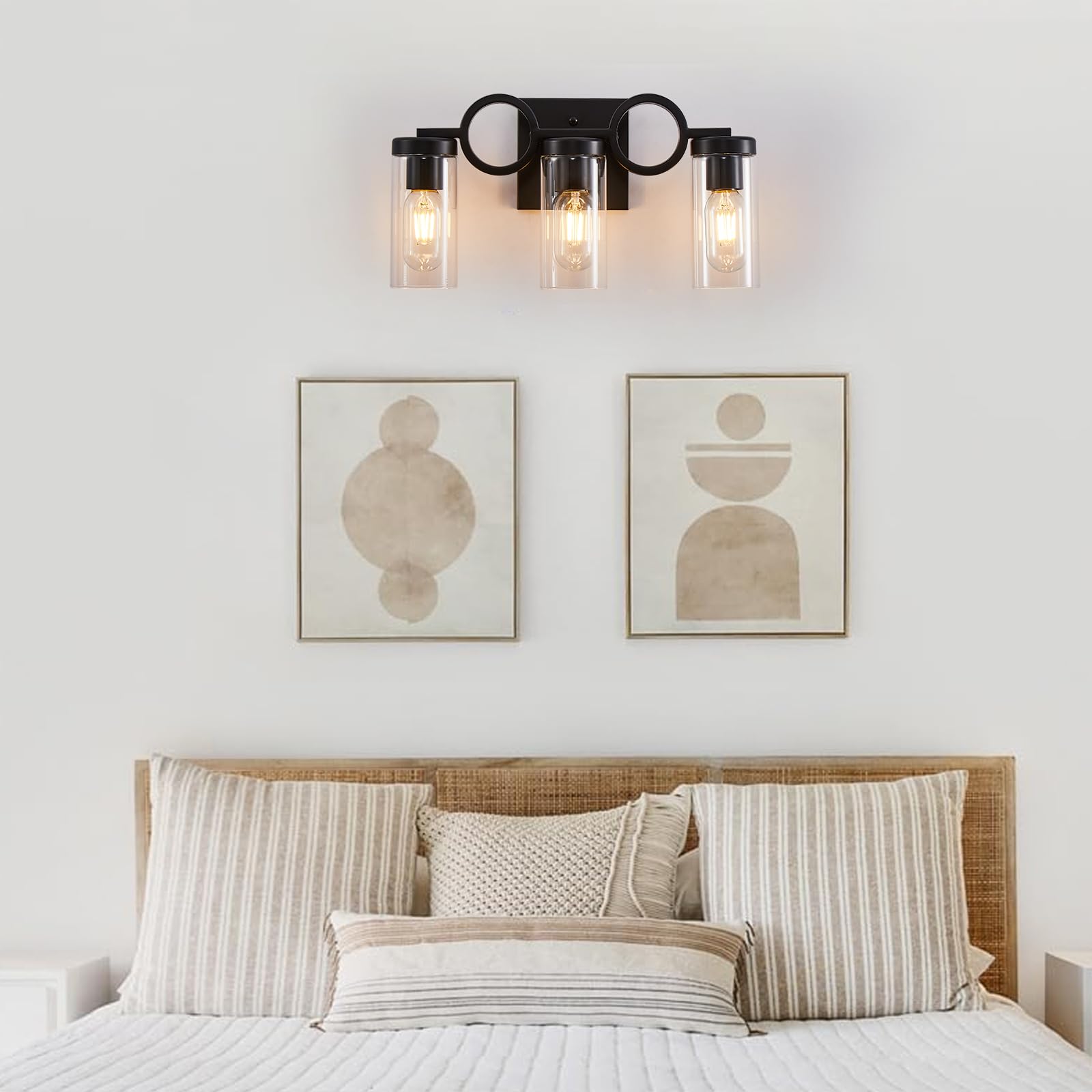 SADENICEL 3 Light Bathroom Vanity Light Fixtures Black, Modern Wall Mounted Sconces Lighting Over Mirror with Clear Glass Shade, Farmhouse Porch Lamp Fixture for Restroom Hallway Bedroom Cabinet