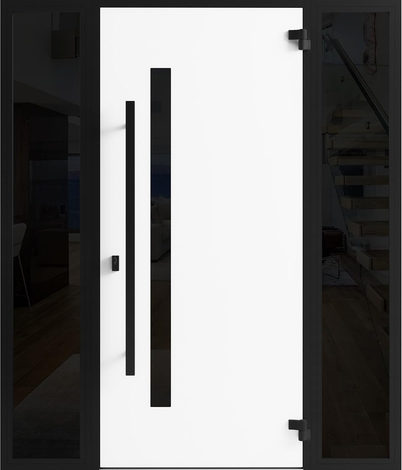 VDOMDOORS Front Exterior Prehung Steel Door/Ronex 0144 Grey / 2 Side Exterior Windows Sidelites/Entry Metal Modern Painted W16+36+16" x H80 Left Hand Inswing