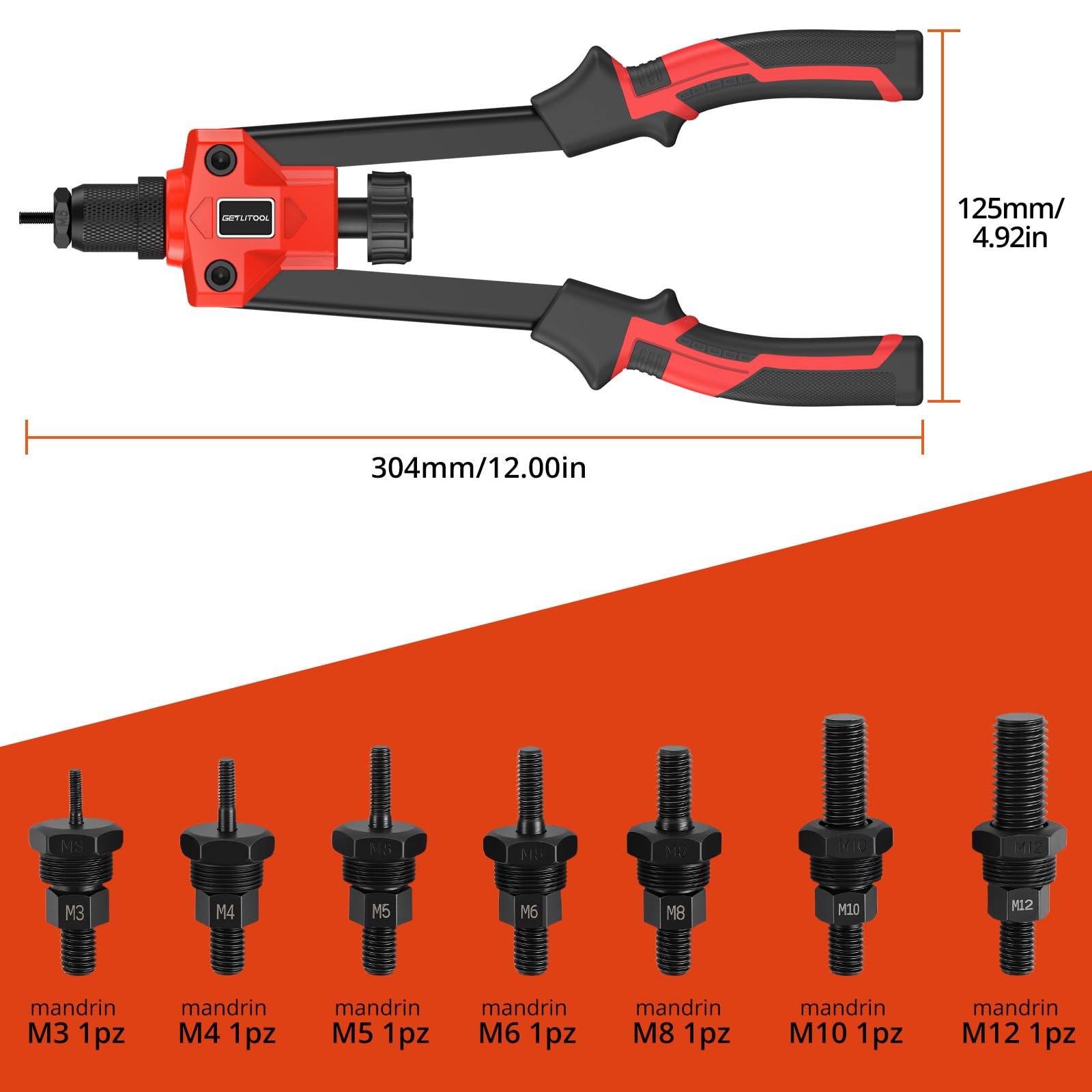 GETLITOOL Pince à Rivets Professionnelle Riveteuse Manuelle avec 7 PCS Mandrins M3 M4 M5 M6 M8 M10 M12，Pistolet à Riveter à Hôte Unique avec Étui de Transport pour Automobile,Meubles,Instruments