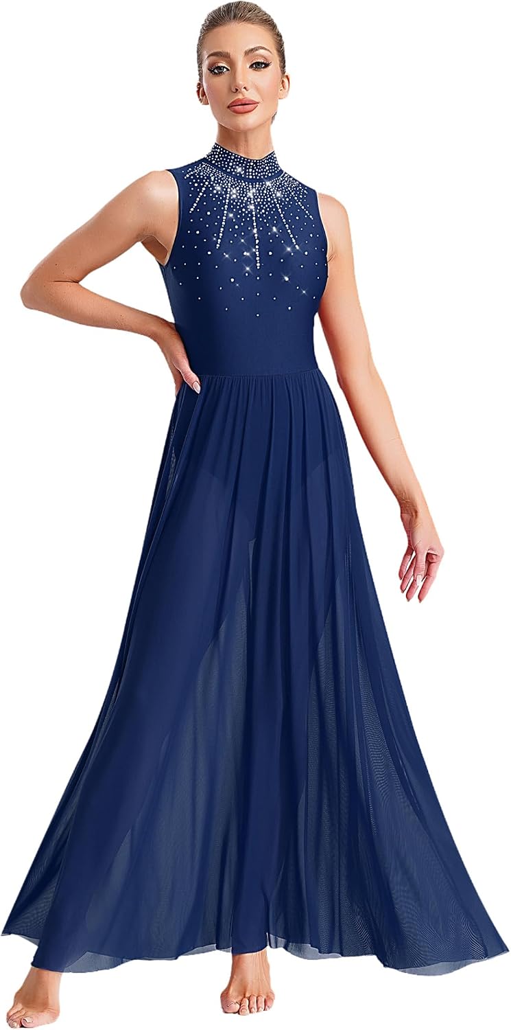 Lyrical Dance Costume for Womens Shiny Rhinestones Sleeveless Cutout Back Lyrical Dance Dress