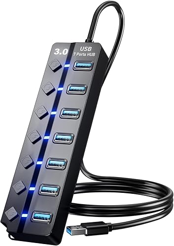 Eanetf Hub USB 3.0, 7 puertos con interruptores individuales de encendido/apagado e indicadores LED, concentrador de datos de alta velocidad de 5
