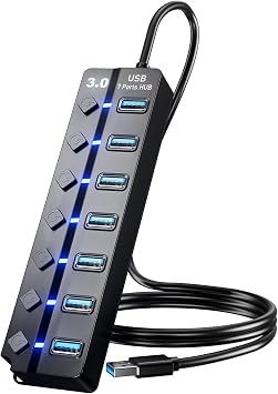 Eanetf USB 3.0 Hub, 7-Port with Individual On/Off Switches & LED Indicators, 5Gbps High-Speed Data Hub for Laptop, PC, MacBook, Surface Pro, PS5, HDD, Flash Drive 4ft Cable