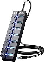 USB 3.0 Hub, 7-Port with Individual On/Off Switches & LED Indicators, 5Gbps High-Speed Data Hub for Laptop, PC, MacBook, Surface Pro, PS5, HDD, Flash Drive (4ft Cable)