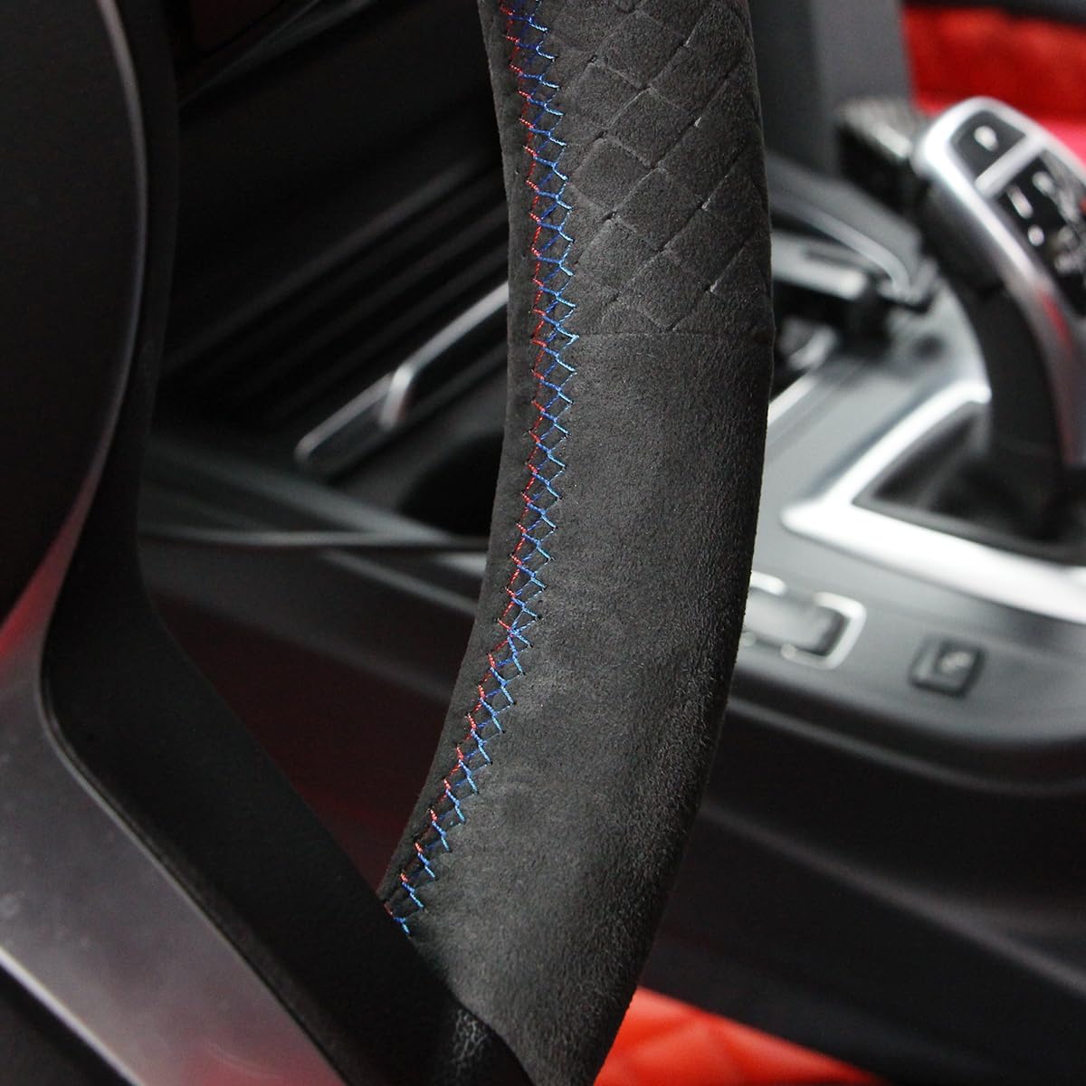 MEWANT Embossed Quilted Athsuede Steering Wheel Cover for BMW F87 M2 F80 M3 F82 M4 M5 F12 F13 M6 F85 X2 X5 M F86 X6 M F33 F30 M Sport