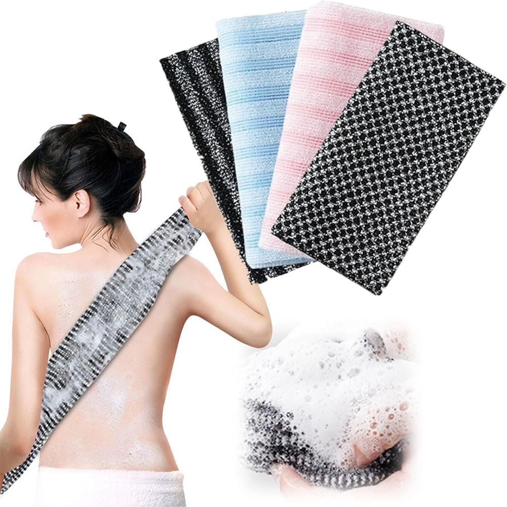 Exfoliating Shower Towel, Japanese Exfoliating Towel, Extra Long Exfoliating Washcloth for Men Women, Double-Sided Exfoliating Washcloth, Exfoliating Japanese Back Scrubber for Men & Women (4PC*Gray)