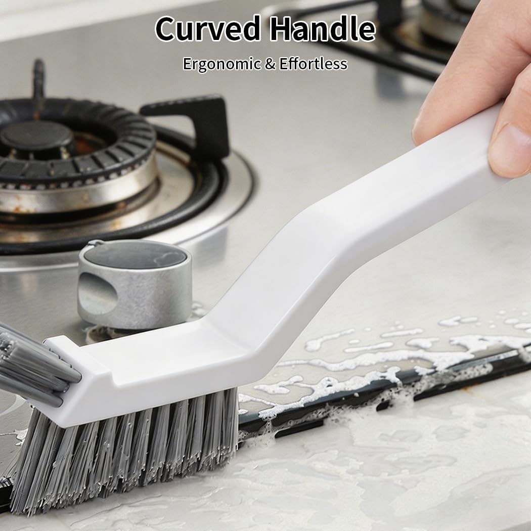 3-in-1 Grout Brush and Crevice Cleaner,with V-Shaped Bristles & Hair Clip-Multi-Surface Gap Cleaning Tool for Bathroom Tiles,Kitchen,Window Tracks,and Narrow Corners (White)
