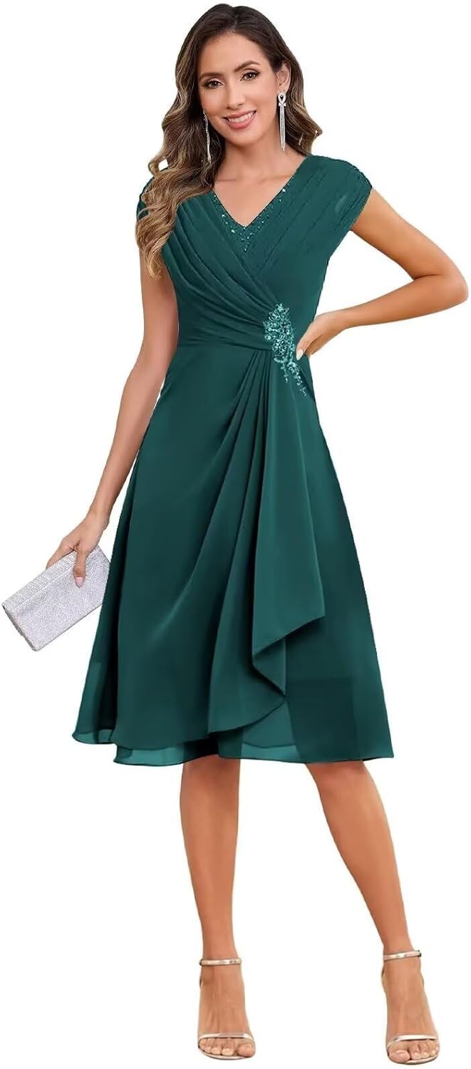 Fashionbride Short Chiffon Mother of The Bride Dresses for Wedding Cap Sleeves Ruffle Pleated Formal Evening Dress AP66