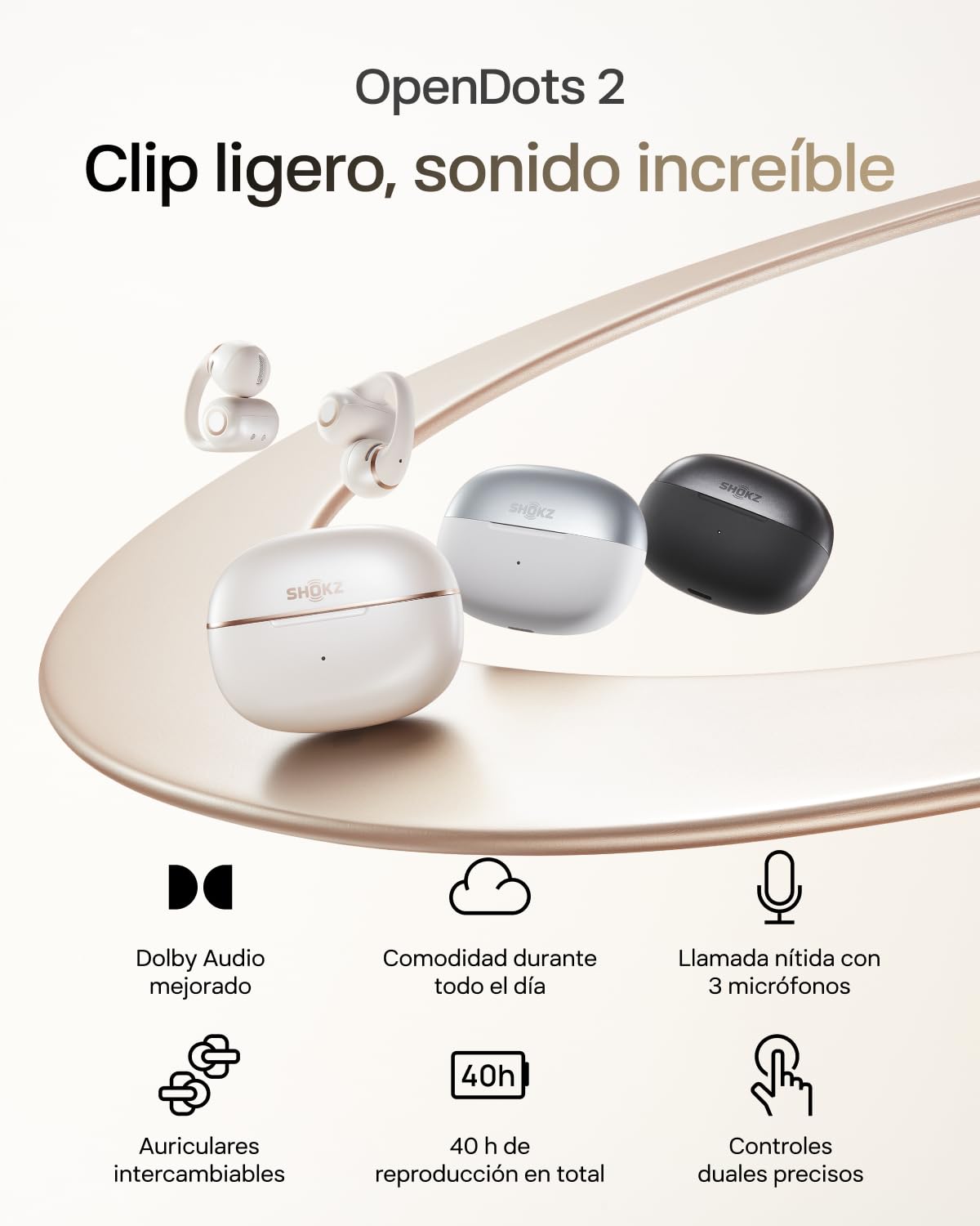 SHOKZ Auriculares Open-Ear Clip-on OpenDots 2,Dolby Audio,40h batería,Negro | con Grave Profundo | Reducción Ruido con IA | Bluetooth 6.1 | Resistentes al Agua IP57 | Carga rápida inalámbrica