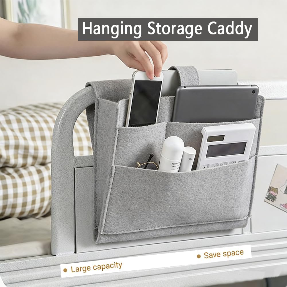 Bedside Caddy,Large Bed Caddy Hanging with Cord Slit, Bedside Remote Holder for Magazine,Books,Bunk Bed Accessories with Strong-Grip Loop Tape Sticky for Dorm, Bedroom, Sofa
