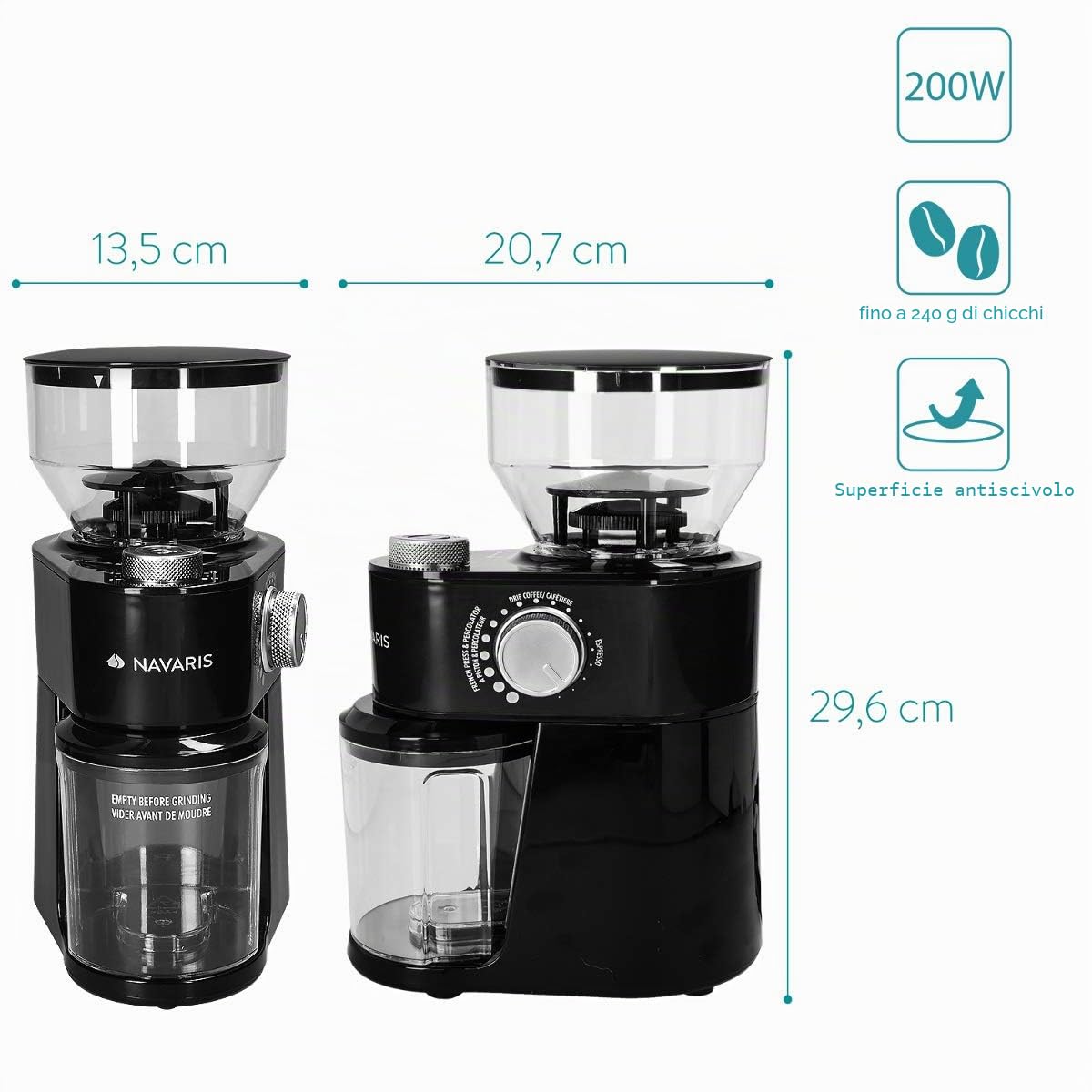 Navaris Macinacaffè Elettrico - Macina Caffè Regolabile 200 W - Macinino Trita Chicchi 250 g - Coffee Grinder per Macchinetta del Caffè - Nero