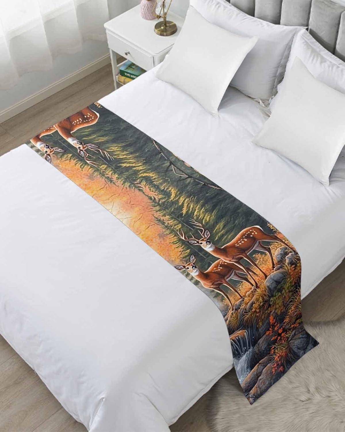 Orange Botanical Elk Bed Runner for Full/Queen Size, Farmhouse Deer River Bedspread Protector Slipcover Bed Scarf for Foot Runners & Scarves for Bedroom Hotel Wedding Room 83x20 Inches