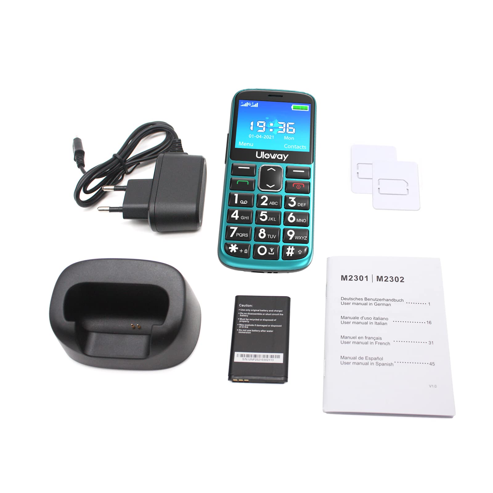CHAKEYAKE Seniorenhandy mit Großen Tasten und Mobiltelefon Ohne Vertrag,2,4 Zoll LCD|Hörgeräte Kompatibel|SOS-Funktion|Dual SIM Handy |Ladestation|Taschenlampe -Grün