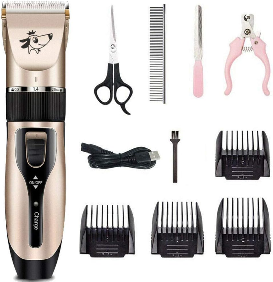 YUNFUN Professional Rechargeable Cordless Dogs Cats Horse Grooming Clippers - Professional Pet Hair Clippers with Comb Guides for Dogs Cats Horses and Other House Animals Pet Grooming Kit (Gold)