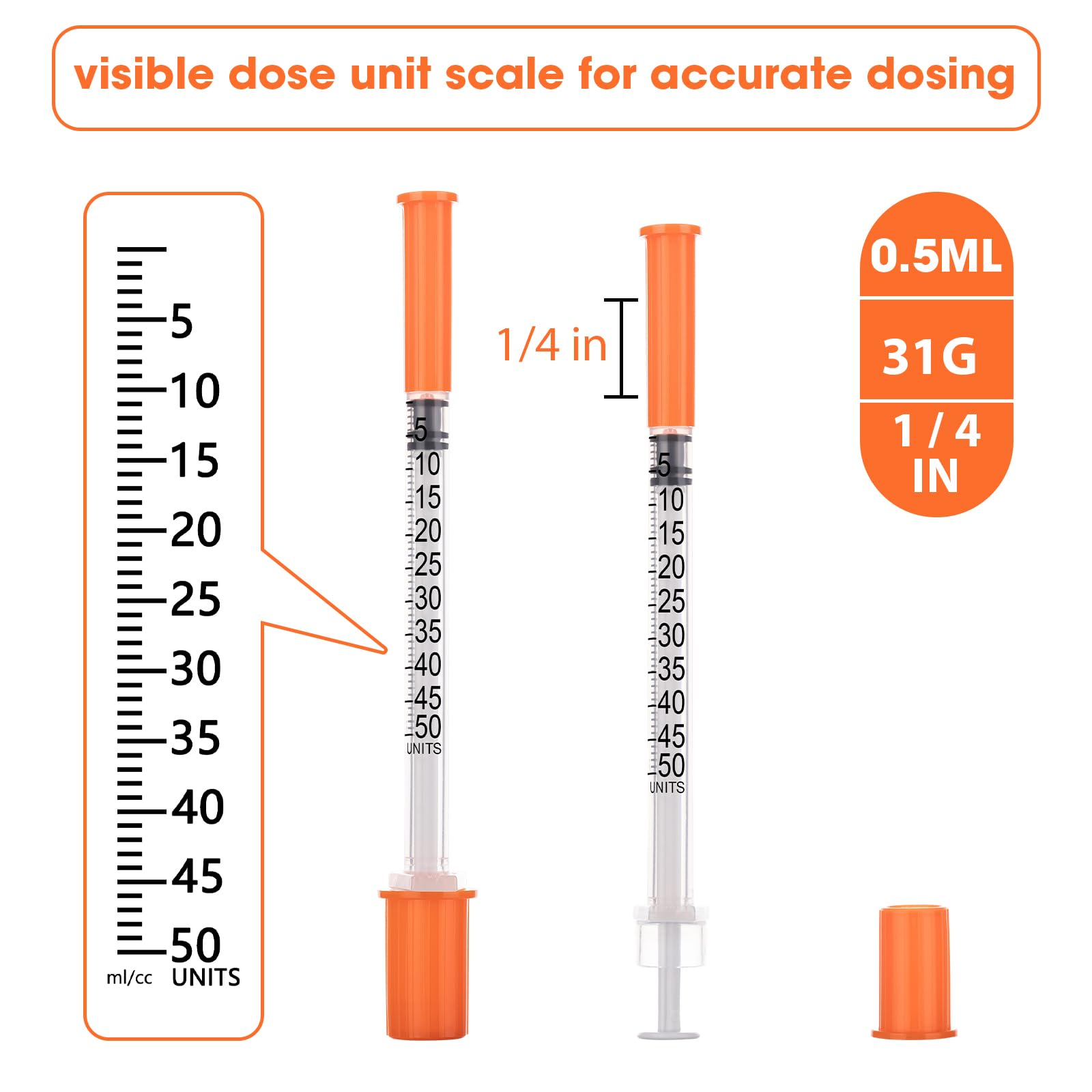 100Pack Lab Dispensing U-100-31 Ga, 0.5cc/mL Jeringas with 1/4" (6mm) Cap — Amazon image 2