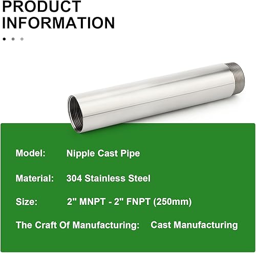 Miniatura 478 de TAISHER 2 accesorios de tubería de acero inoxidable, 1/2 "NPT x 1/2" NPT macho roscado, tubo fundido de pezón de 6 pulgadas de longitud 1.969 in