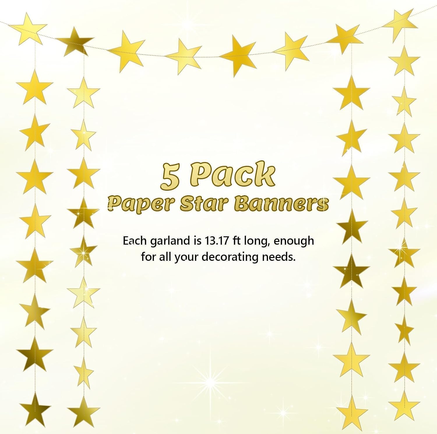 5Pcs Gold Star Garland Decorations - 66 Feet Double Side Glitter Star Hanging Streamers for Graduation, Paper Stars Banner Twinkle Backdrop for Birthday Wedding Engagement Party Classroom Decor