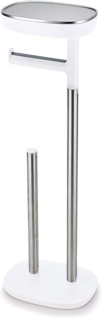 Joseph Joseph Bathroom EasyStore Free Standing Toilet Paper Roll Holder with small storage shelf, Stainless Steel