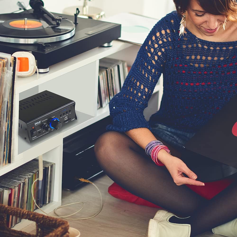 Pyle Home Audio Power Amplifier System - 2x40W Dual Channel Mini Theater Power Stereo Sound Receiver Box w/USB, RCA, AUX, LED, Remote, 12V Adapter - for Speaker, iPhone, Studio Use - Pyle PCAU25A.5