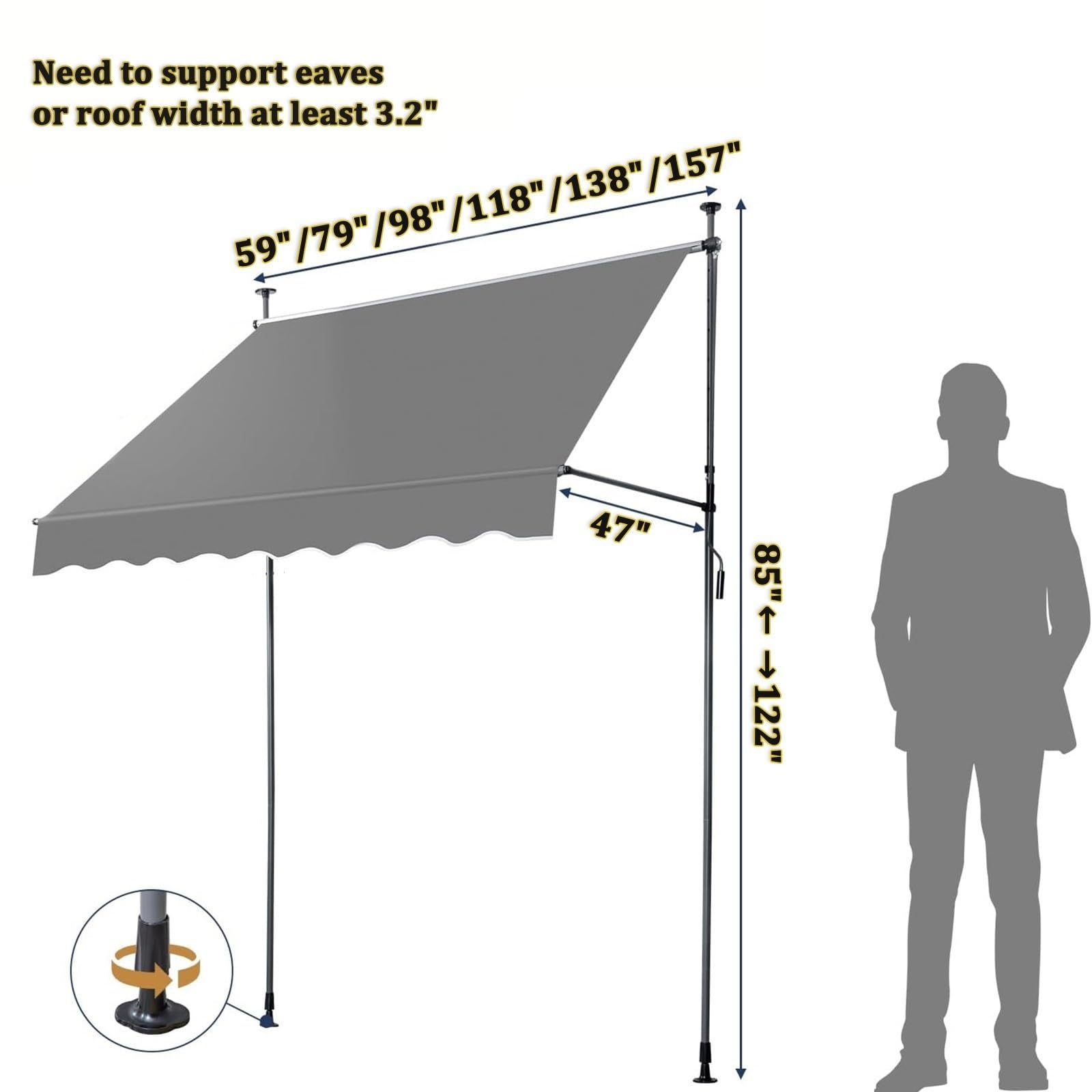 Store Banne Manuel 250/300cm, Auvent Rétractable avec Manivelle, Store Banne de Jardin, sans Perçage, Hauteur et Inclinaison Réglable(Gray,60 x 47 inches)