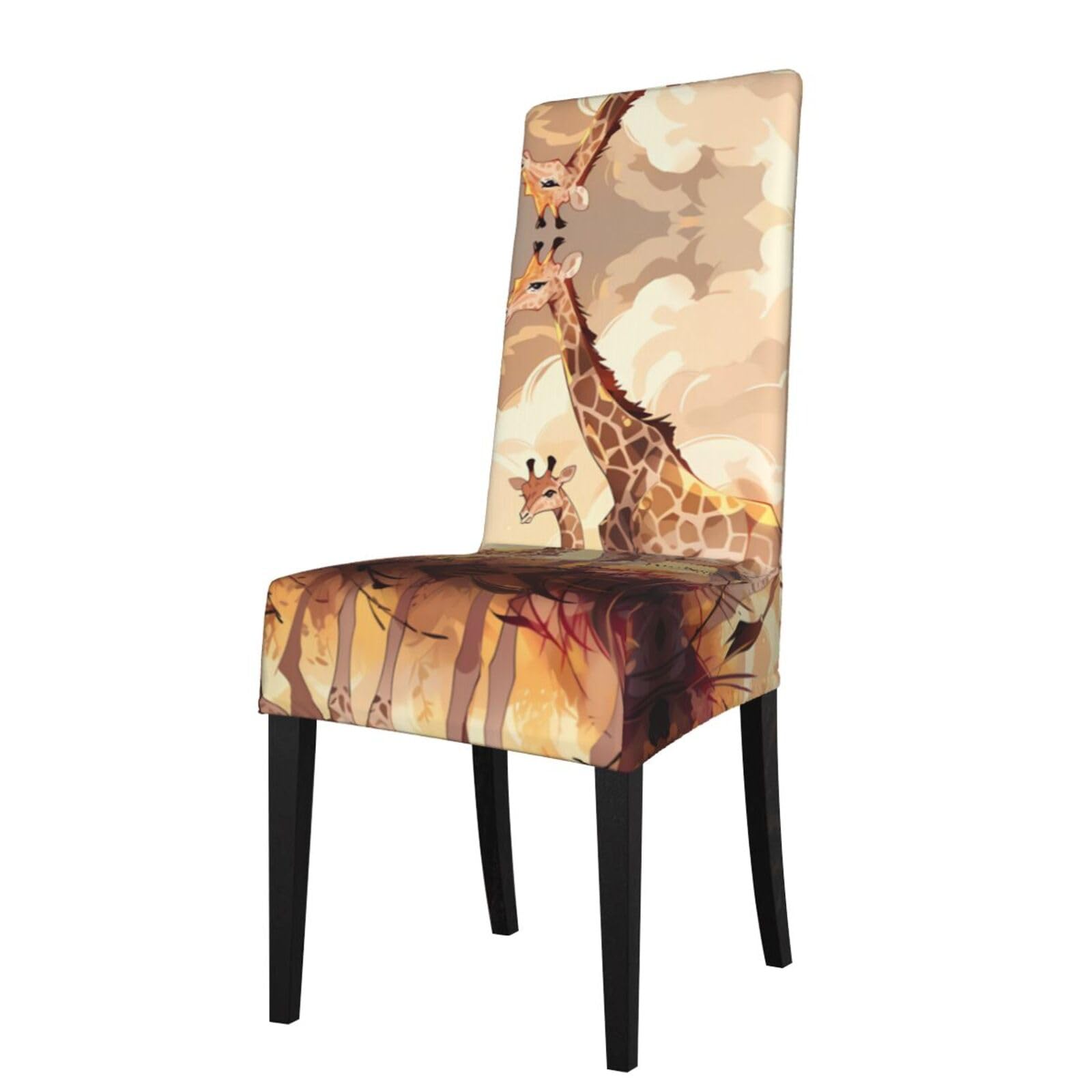 HLSBSSL Giraffe mother and child Printed dining chair covers, wrinkle-resistant and iron-free, suitable for hotels, banquets, and conferences