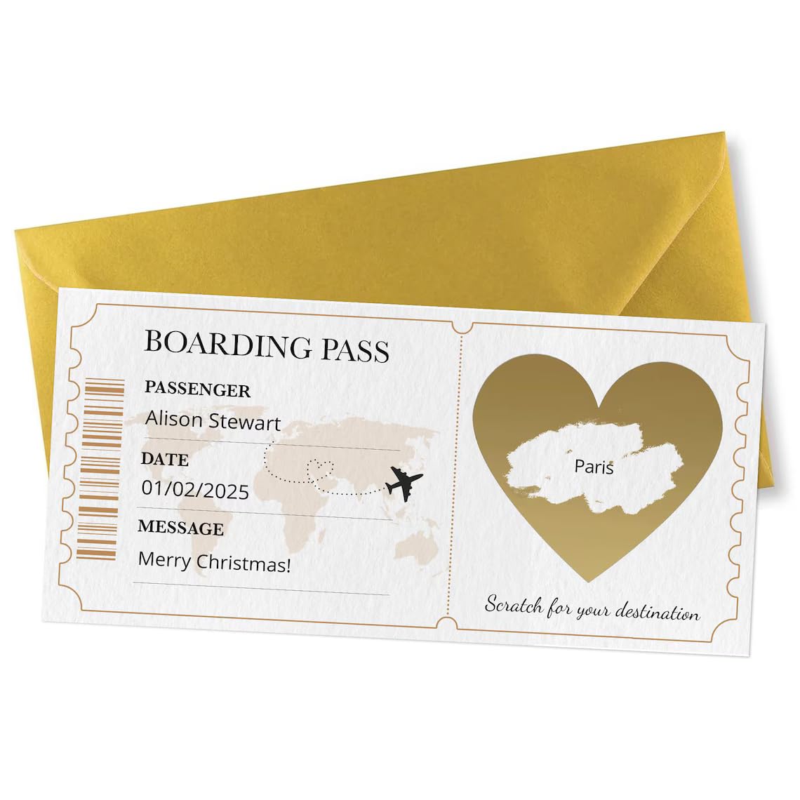 Personalised Holiday Scratch Card with Gold Envelope - Custom Scratch Boarding Pass Ticket Surprise - We are Going to - Travel Scratchcard for Christmas (Personalised)