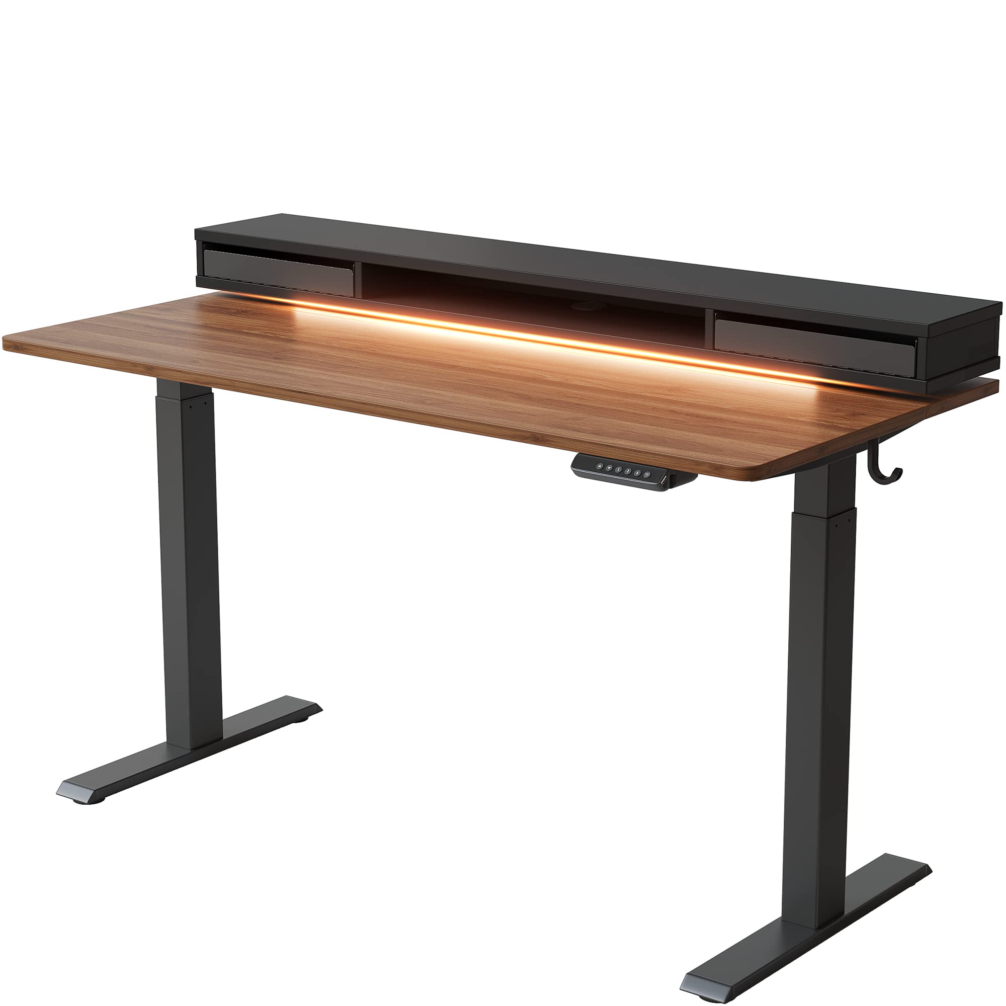 FEZIBO 55 × 26 Inch Electric Standing Desk with Monitor Stand, Height Adjustable Table with LDE Strips, Ergonomic Home Office Furniture with 2 Drawers Storage Gaming Workstation, Black Walnut Top