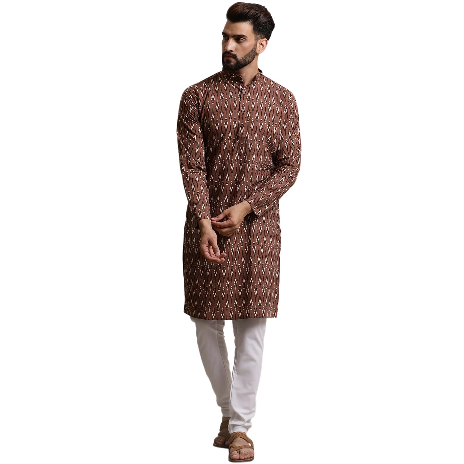 Sojanya (Since 1958 Men's Cotton Brown & Cream Print Kurta & White Churidar Pyjama Set