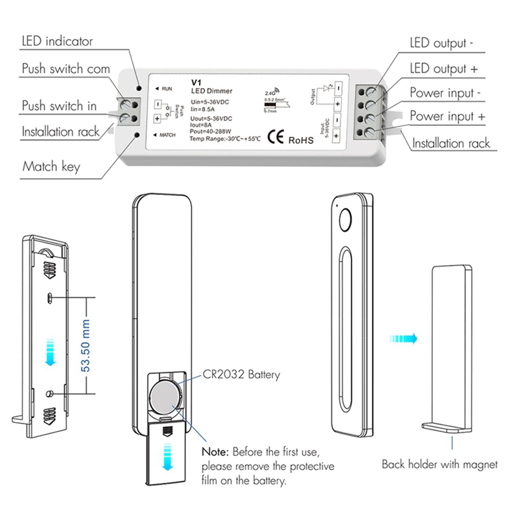 3X LED Dimmer 12V 5V 24V 36V 8A PWM Drahtloser RF Schalter mit 2,4G Helligkeits Anpassung Fernbedienung für LED Einfarb Streifen