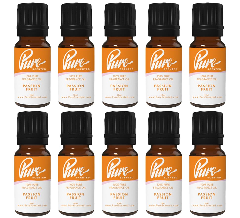 Pure Scented 100ml Fragrance Oils - 10 x 10ml Suitable for Candles, Soaps, Slime, Diffusers, Cosmetics, Wax Melts, Designer (10 x 10ml, Passion Fruit)