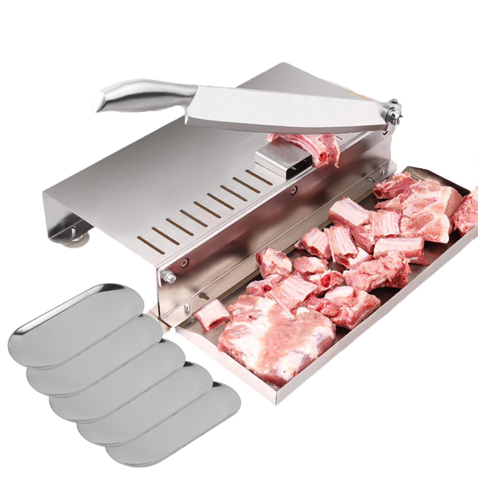 Manual Ribs Meat Cutting Machine w/5 Small Trays, Stainless Steel Meat Slicing Machine - Easy to Clean, Multifunction Chopper Meat Saw for Commercial and Home Use 15.3 * 12.6 * 3I,