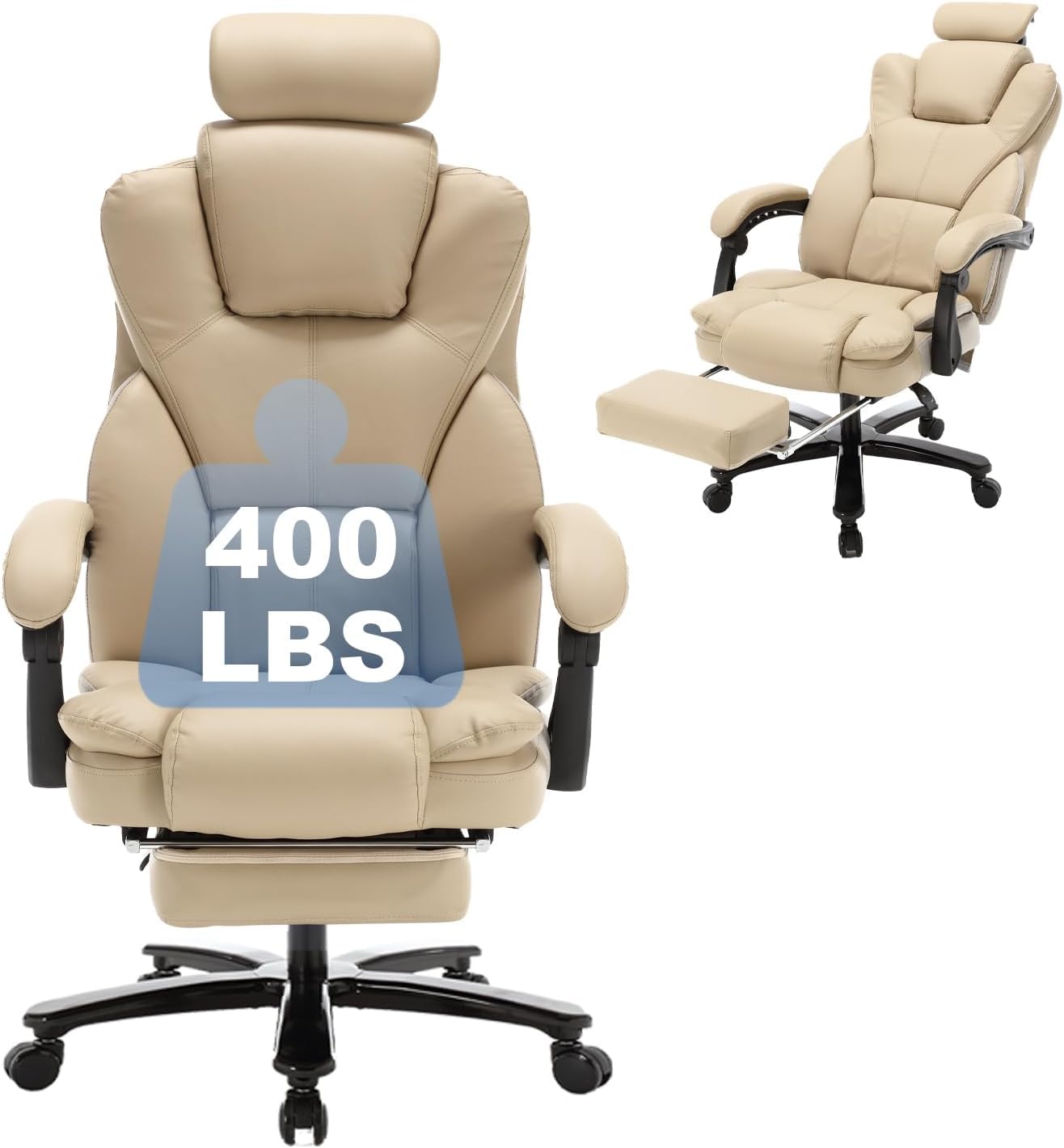 Comermax 400lb Office Chair with Footrest Big and Tall Extra Wide Comfortable Leather Reclining Office Desk Chair for